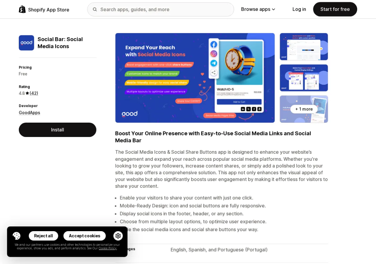 Social Bar Social Media Icons by GoodApps Shopify App Store listing showing the app name, 4.8-star rating, and social icon placement screenshots