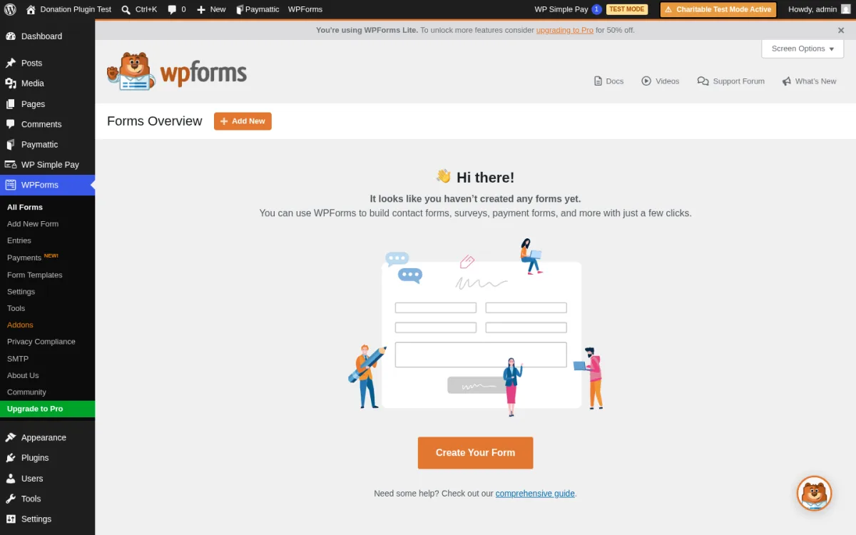 WPForms dashboard in WordPress admin showing the forms list and quick-start options