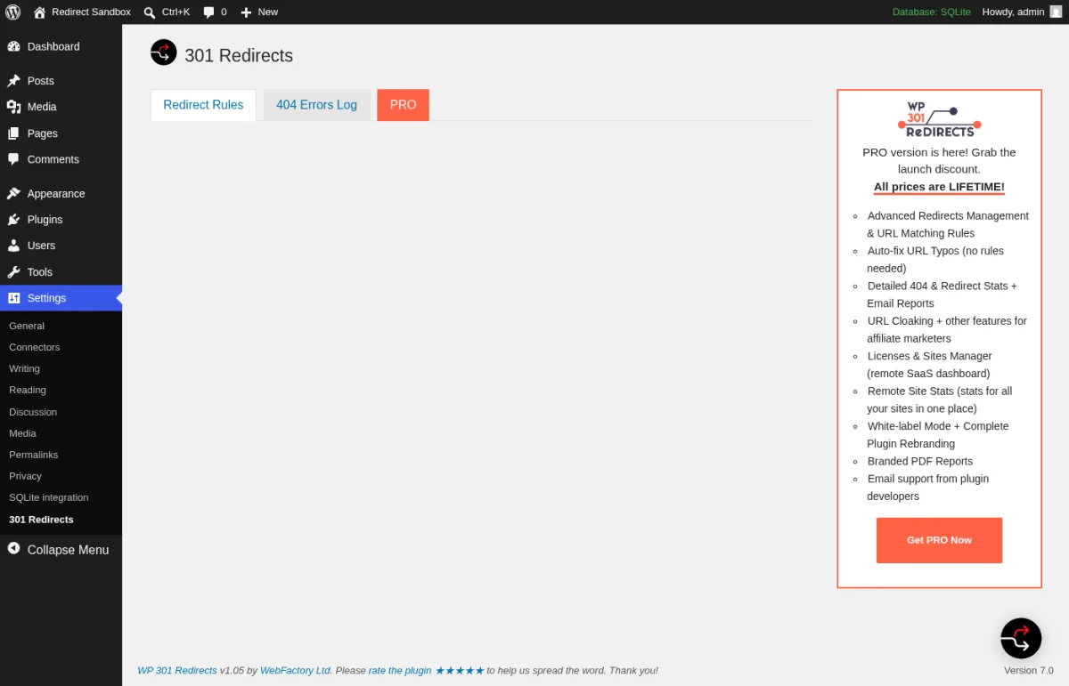 301 Redirects plugin settings page in the WordPress admin with the Redirect Rules, 404 Errors Log and PRO tabs