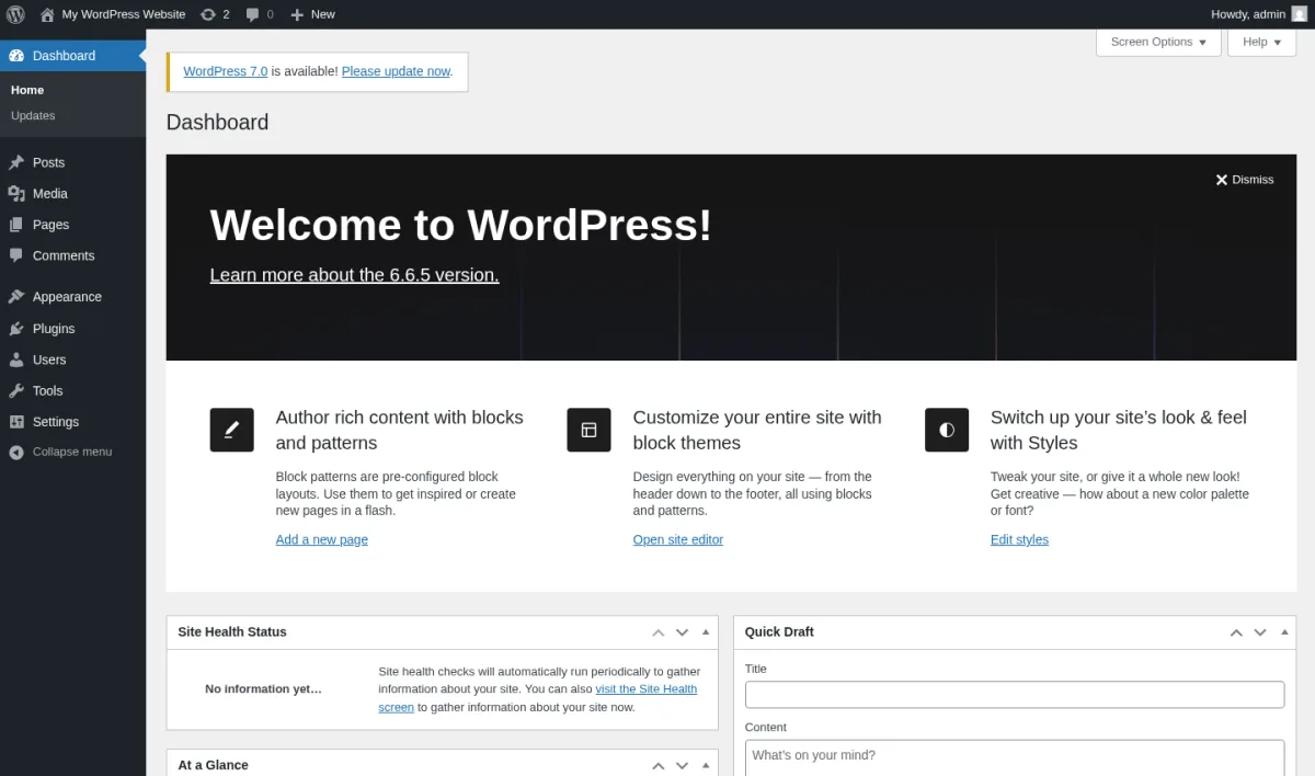 Default WordPress 6.x admin dashboard showing the left sidebar (Posts, Pages, Appearance, Plugins, Users, Tools, Settings) and the Welcome to WordPress widget.