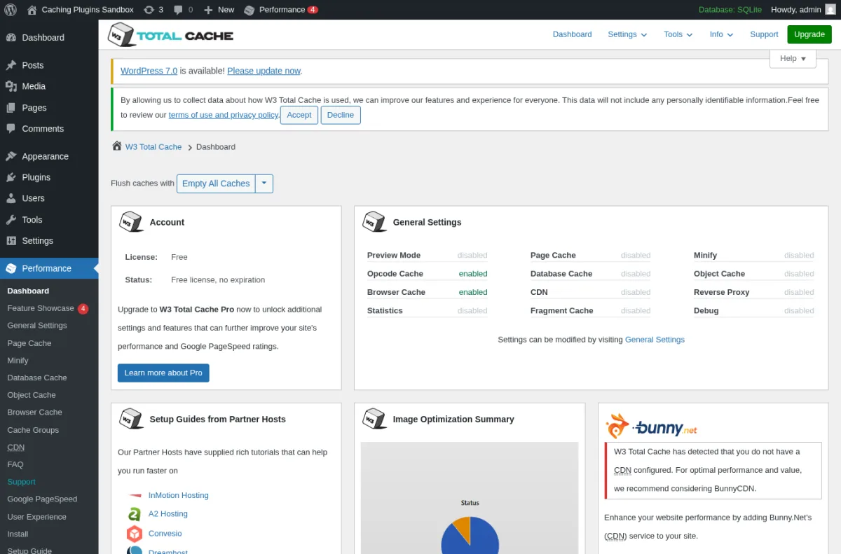 W3 Total Cache 2.9.4 admin dashboard inside a real WordPress install showing the BoldGrid Total Cache header, the Account license panel, the General Settings panel listing Preview Mode, Upgrade Cache, Browser Cache, Statistics, Page Cache, Database Cache, Object Cache, CDN, Minify, Reverse Proxy, Fragment Cache and Security, Setup Guides from Partner Hosts card and Image Optimization Summary card.