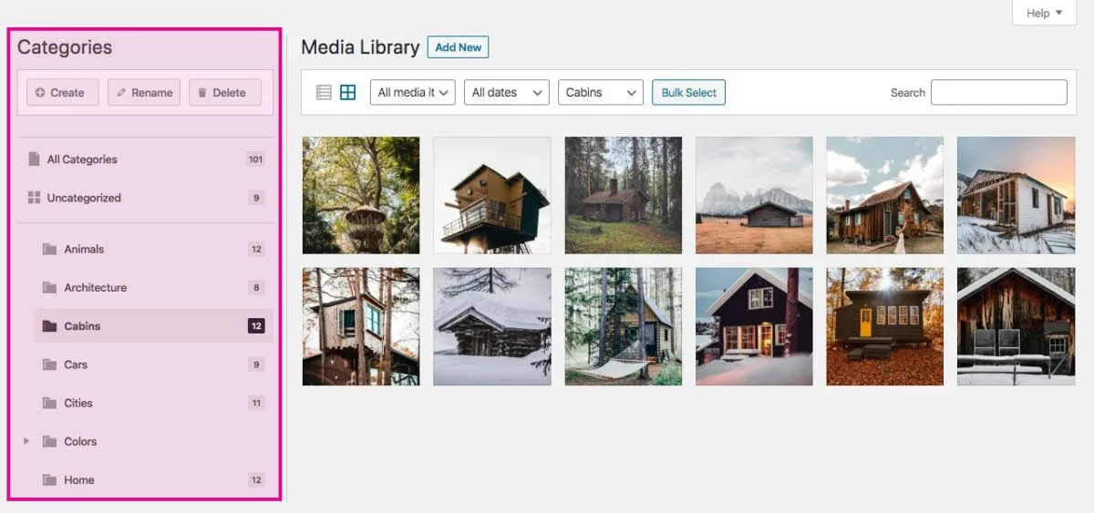 HappyFiles WordPress media library admin showing a Categories sidebar with All Categories, Uncategorized, Animals, Architecture, Cabins, Cars, Cities, Colors and Home folders next to a Media Library grid of cabin and treehouse images filtered to the Cabins folder