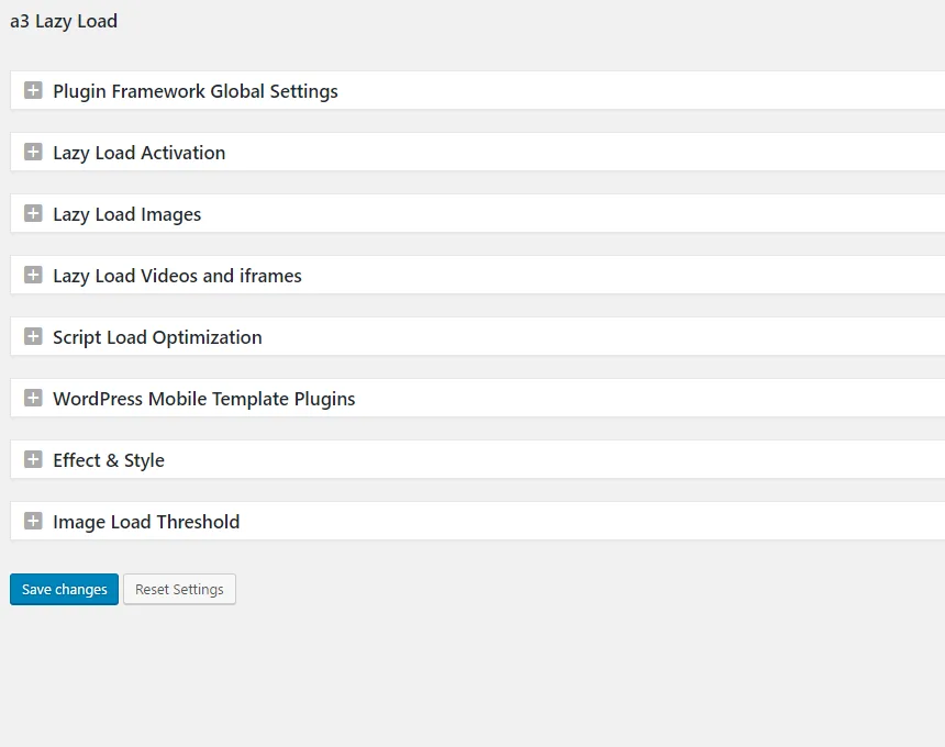 a3 Lazy Load settings page in wp-admin with toggles for image lazy load, iframe and video lazy load, gravatars, thumbnails, and effect/placeholder options.