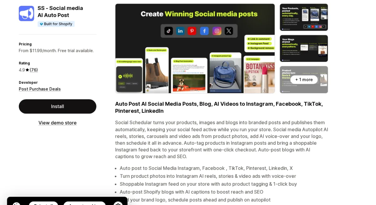 SS Social Media AI Shopify app listing on the Shopify App Store