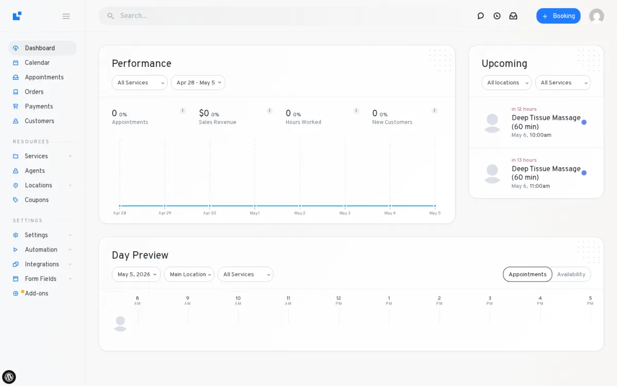 LatePoint admin Dashboard with Performance, Upcoming, and Day Preview cards inside the LatePoint chrome