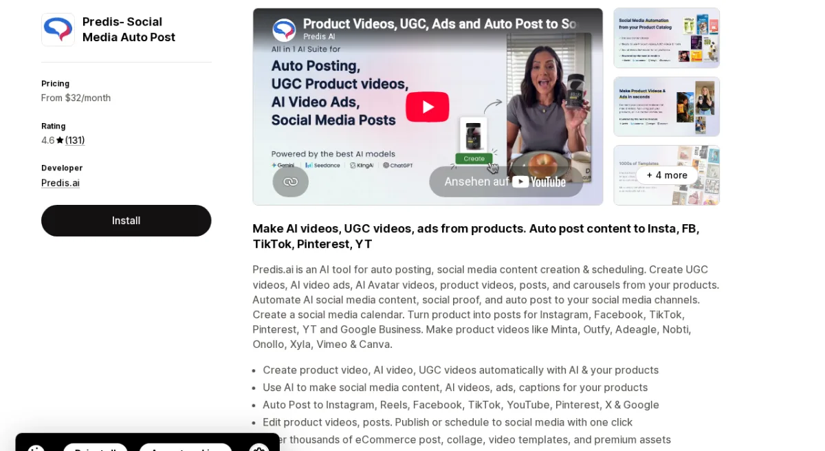 Predis.ai Shopify social media app listing on the Shopify App Store