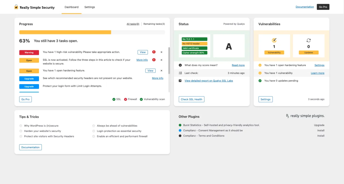 Really Simple Security WordPress admin dashboard showing SSL status, security score, and recommended hardening tasks