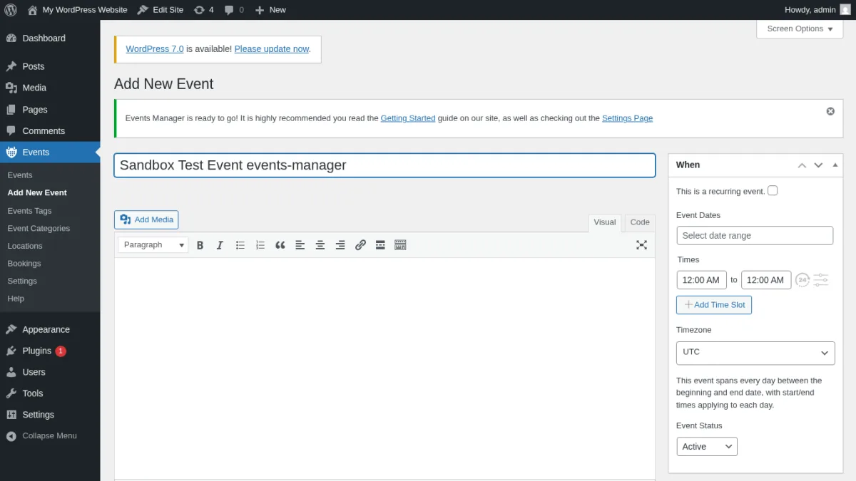 Events Manager event settings screen