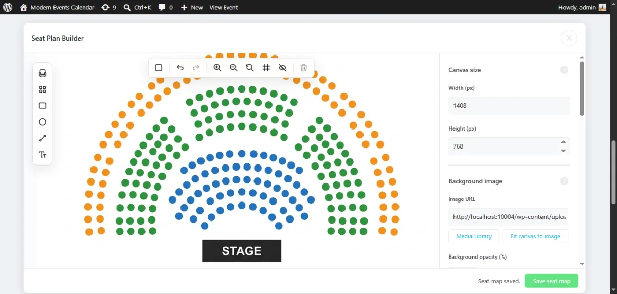 MEC's Seat Plan Builder canvas inside wp-admin, showing the drag-and-drop row and section design tool