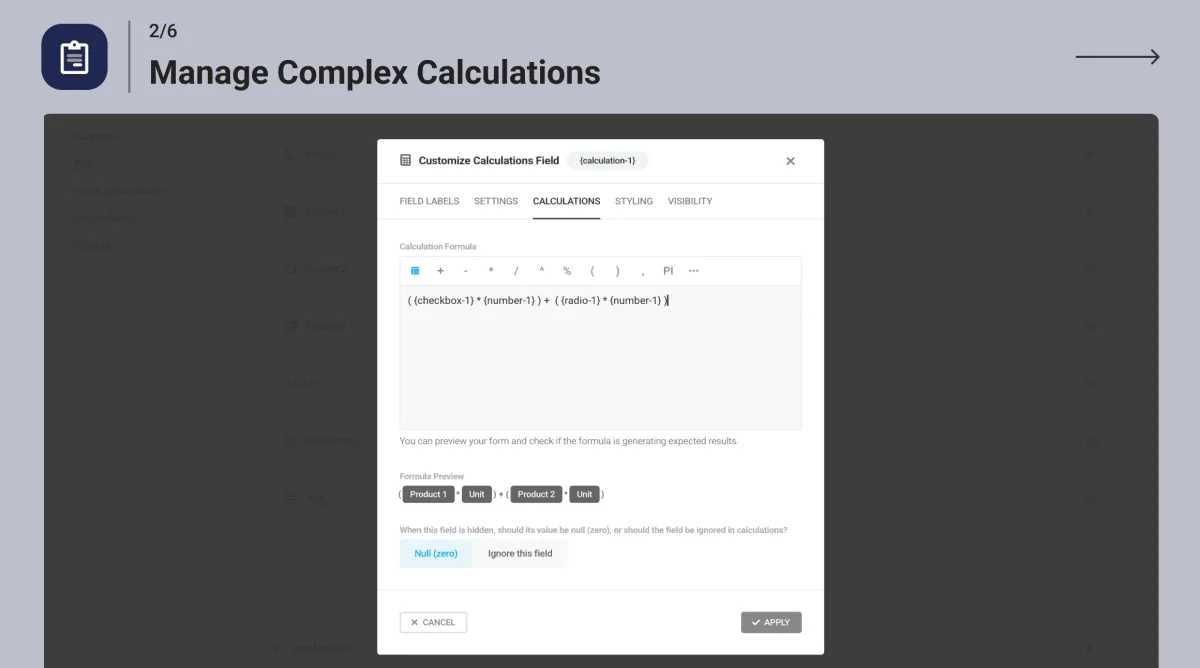 Forminator Calculations field configuration modal showing a Calculation Formula combining checkbox, number and radio fields with a live formula preview