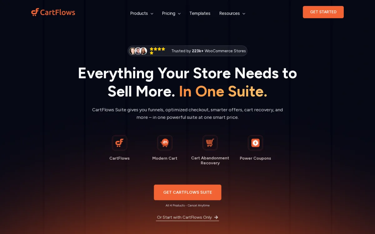 CartFlows 2026 homepage showing the Everything Your Store Needs to Sell More In One Suite headline, the four-plugin suite (CartFlows, Modern Cart, Cart Abandonment Recovery, Power Coupons), and the Get CartFlows Suite call to action