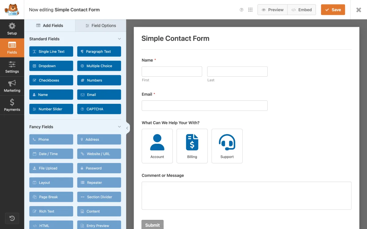 WPForms Lite drag-and-drop form builder editing a Simple Contact Form, with Standard and Fancy field panels on the left and the live form preview on the right
