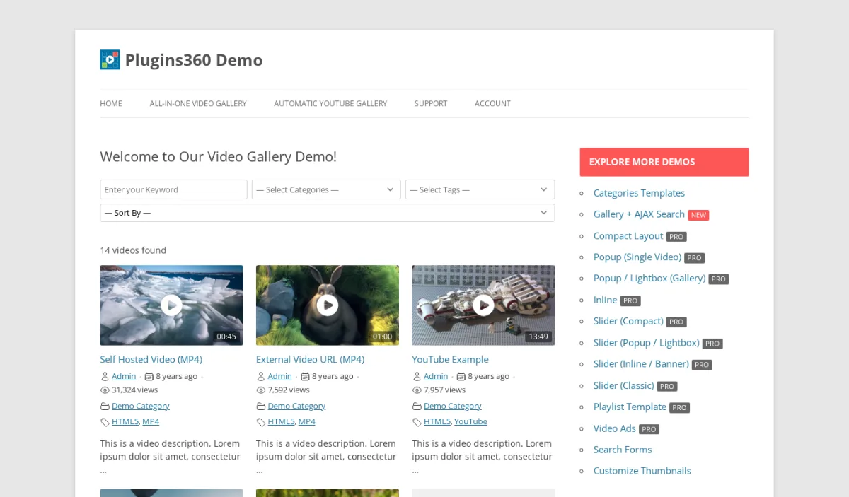 All-in-One Video Gallery vendor demo showing the front-end Video Categories layout (Sports, Education, Travel, Business, Entertainment) generated by the aiovg_categories shortcode