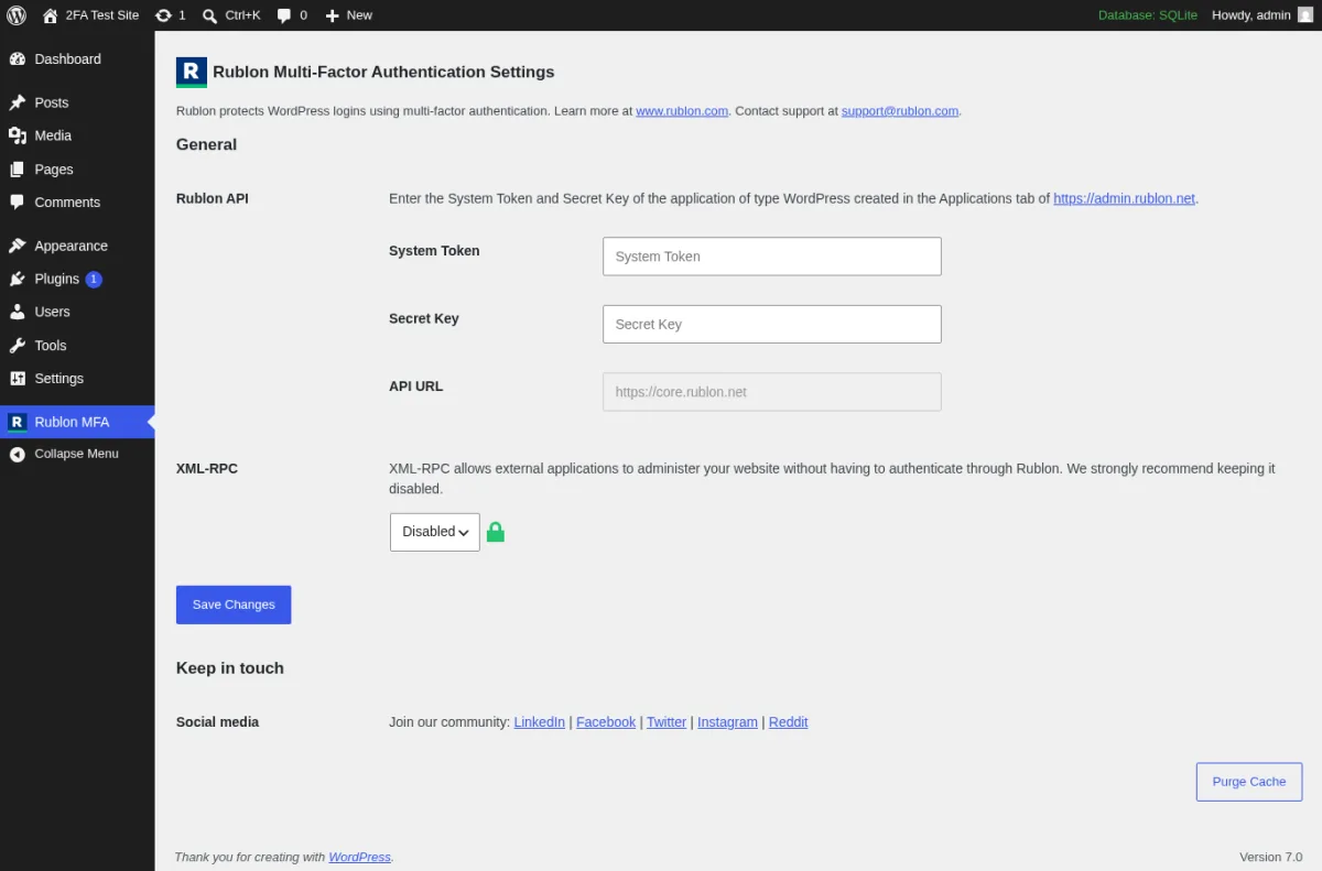 Rublon Multi-Factor Authentication Settings page in WordPress admin showing the System Token, Secret Key, and API URL inputs from the Rublon Admin Console, the XML-RPC Disabled dropdown, and the Save Changes button below the Rublon branded heading