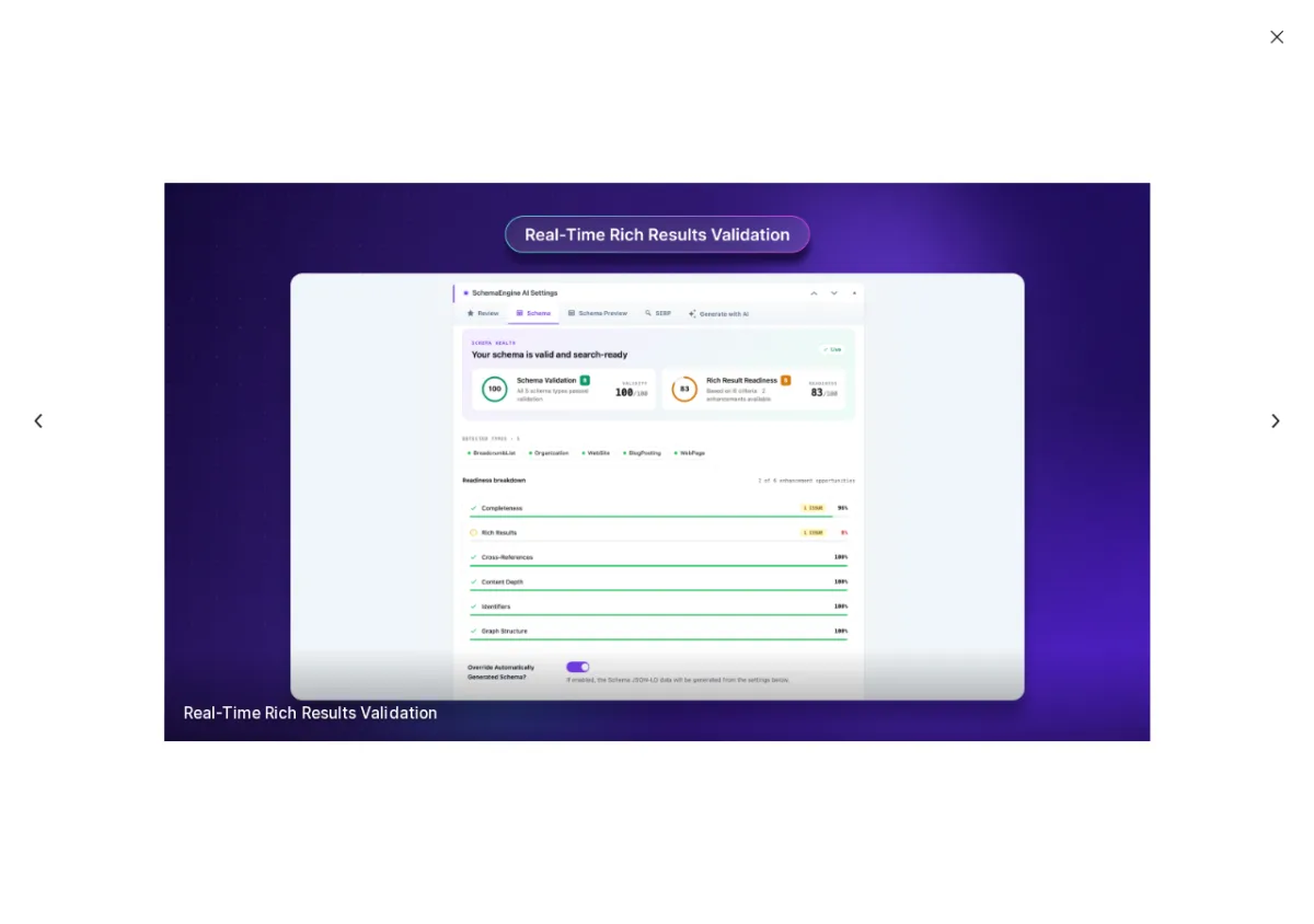 Schema Engine AI Real-Time Rich Results Validation panel showing a Schema Validator score of 183, a Rich Result Readiness score of 83, and a Readiness Breakdown table with green pass indicators for Completeness, Rich Results, Cross-References, Content Depth, Identifiers, and Graph Structure