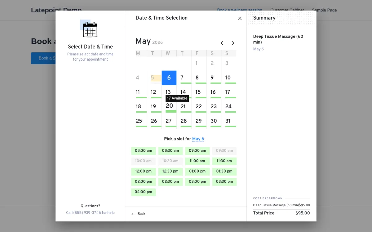 LatePoint front-end Date & Time step with a Total Price summary panel