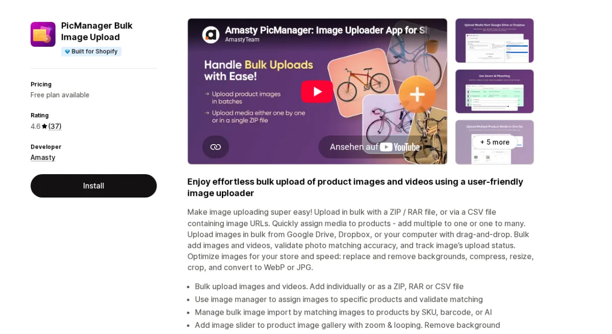 PicManager Bulk Image Upload Shopify App Store listing
