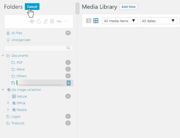 Real Media Library Folders sidebar in WordPress admin with Documents, PDF, Word, Others, My image collection, Nature, Office, People, Logos and Products folders next to an empty Media Library grid view