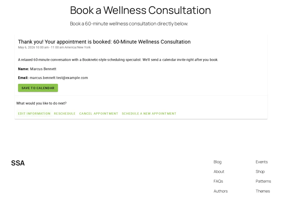 Simply Schedule Appointments — booking confirmation with Save to Calendar, Edit Information, Reschedule, Cancel actions