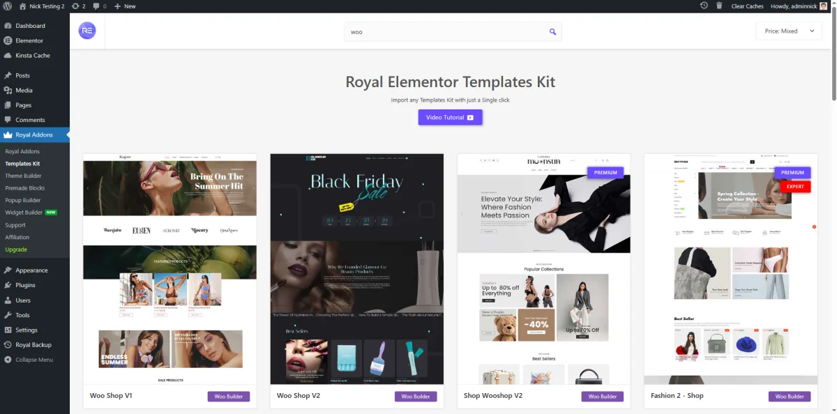 Royal Elementor Addons template kit library showing 200+ full website kits in a grid