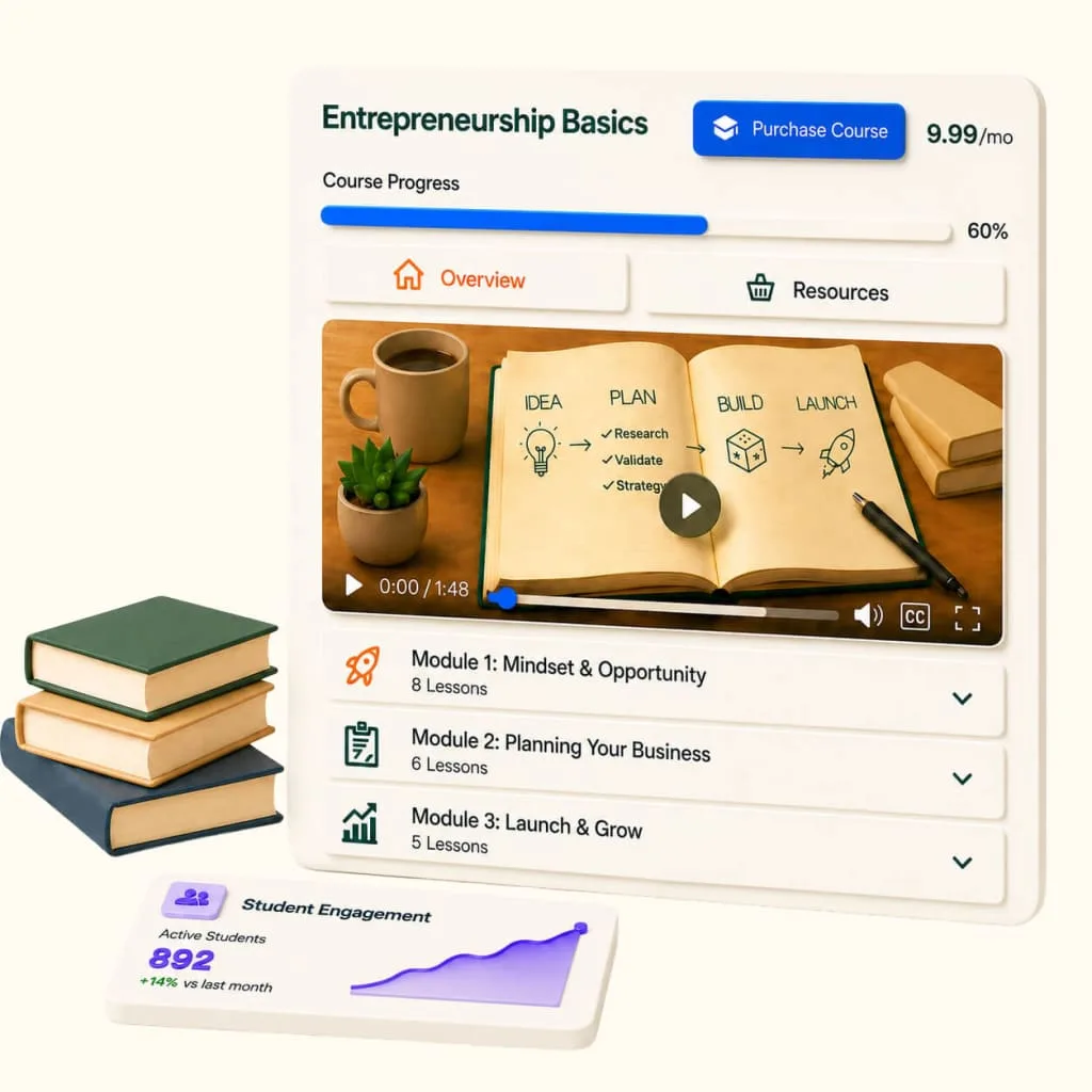 LearnDash WordPress LMS course builder hero showing a structured course outline with lessons, topics and quizzes inside the WordPress block editor