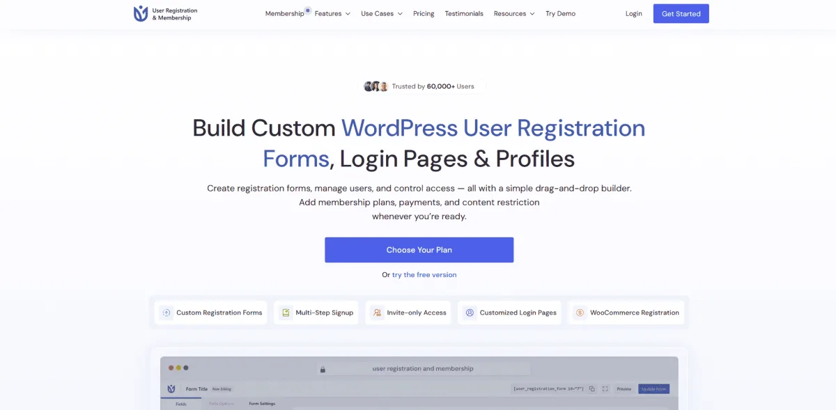 User Registration and Membership plugin homepage showing membership plans, the registration form builder and content restriction settings
