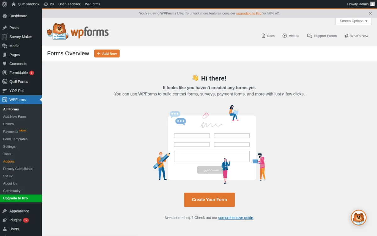 WPForms Lite 1.10.2 Forms Overview page after a clean install. The empty-state hero says Hi there! It looks like you haven't created any forms yet, with a Create Your Form CTA. The left rail shows the WPForms menu: All Forms, Add New Form, Entries, Payments NEW, Form Templates, Settings, Tools, Addons, Privacy Compliance, SMTP, About Us, Community, and Upgrade to Pro.