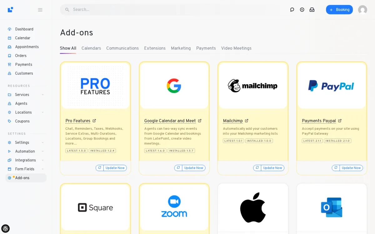 LatePoint Add-ons catalogue with Calendars, Communications, Marketing, Payments, and Video Meetings tiles