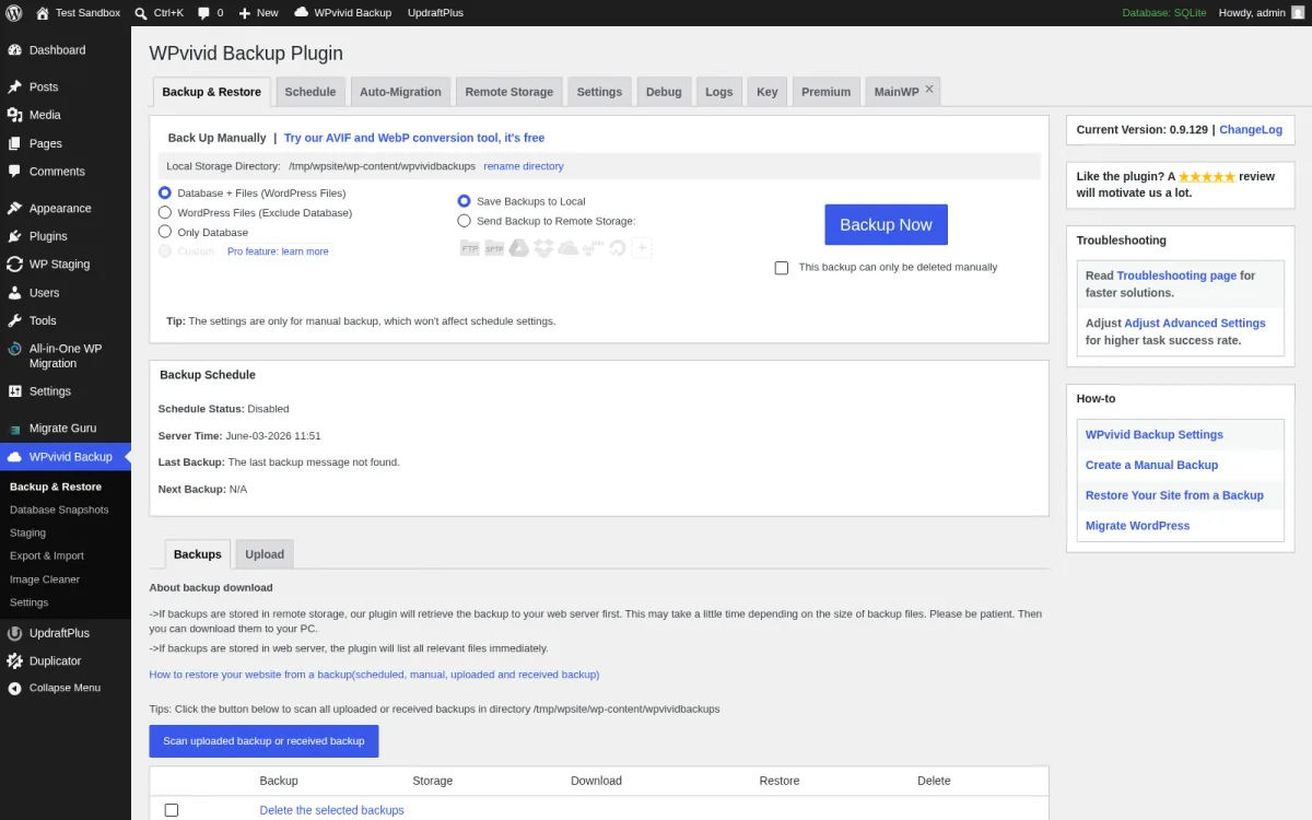 WPvivid Backup Plugin Backup and Restore tab inside a real WordPress install showing the Backup & Restore Schedule Auto-Migration Remote Storage Settings Dialog Key Premium Help tab strip, the Back Up Manually form with Database Files WordPress Files Excluding Database Only Database radios, the Save backups to Localhost Send Backup to Remote Storage destination radios, the blue Backup Now button, the Backup Schedule panel showing Disabled, the Backups and Upload sub-tabs and the right-rail Like the plugin and Troubleshooting cards