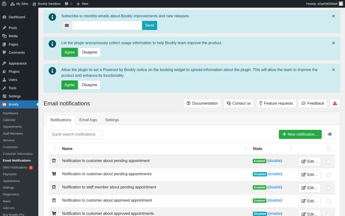 Bookly Pro Email Notifications template list