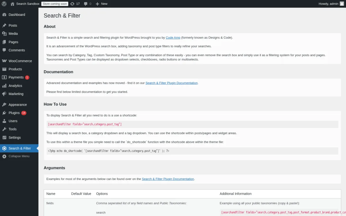 Search & Filter 1.2.18 admin settings page on a clean WordPress 6.9.4 sandbox showing the Search & Filter landing with the field builder shortcode helper, supported field types (category, tag, custom taxonomy, post type, post date) and the documentation pointer.