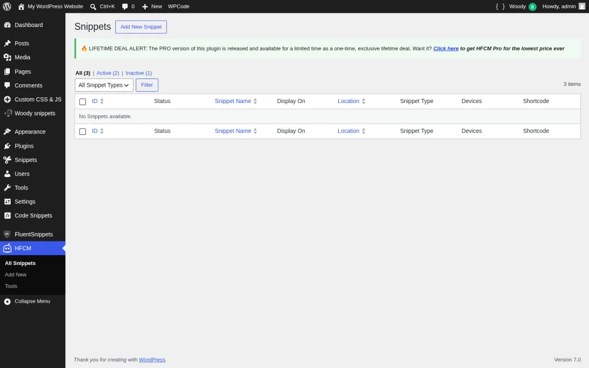 Header Footer Code Manager 1.1.45 All Snippets list inside a real WordPress 7.0 sandbox, showing the Snippets table header (Status, Snippet Name, Display On, Location, Snippet Type, Devices, Shortcode), the All (3) / Active (2) / Inactive (1) status filter, the All Snippet Types dropdown, the Lifetime Deal Pro promo bar, and the HFCM sidebar menu (All Snippets, Add New, Tools).