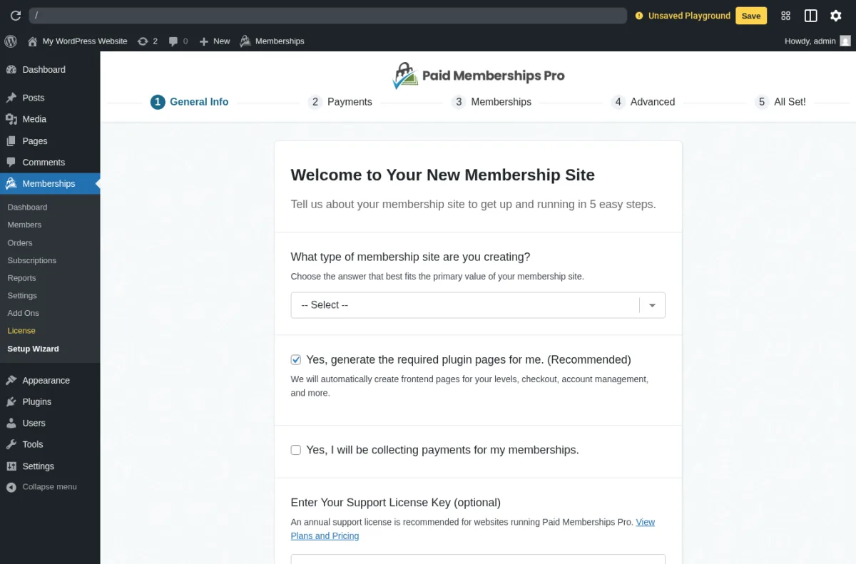 Paid Memberships Pro Setup Wizard General Info step inside a real WordPress install showing the 5-step nav (General Info, Payments, Memberships, Advanced, All Set), the membership-site-type dropdown, the auto-generate-required-pages checkbox and the support license key field
