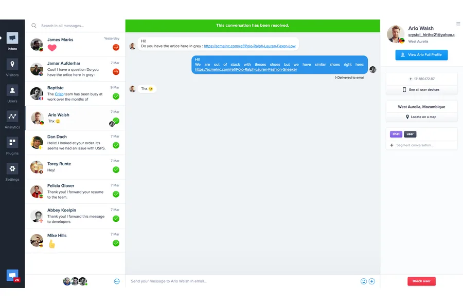 Crisp&rsquo;s support inbox dashboard