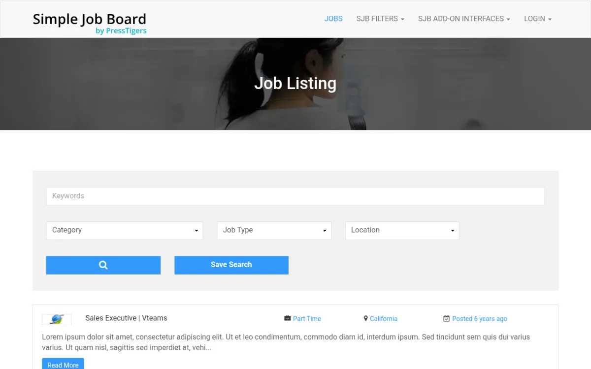 Simple Job Board demo showing the Job Listing page with Keywords search field, Category, Job Type, and Location filter dropdowns, Search and Save Search buttons, and a Part Time job card for Vteams in California