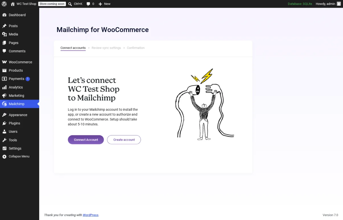 Mailchimp for WooCommerce 6.1.1 Connect accounts screen inside a real WordPress install showing the three-step Connect accounts > Review sync settings > Confirmation breadcrumb, the Let's connect WC Test Shop to Mailchimp heading, the 5 to 10 minute setup callout, and the Connect Account and Create account primary buttons next to the Mailchimp character illustration.
