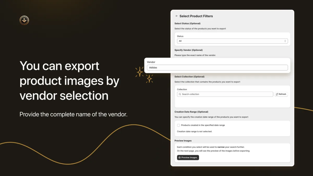 CS Export Product Images app dashboard showing export filtering options by vendor, collection, and product status
