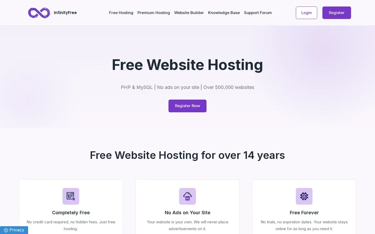 InfinityFree homepage showing free website hosting with no credit card, no ads, and over 500,000 hosted websites.