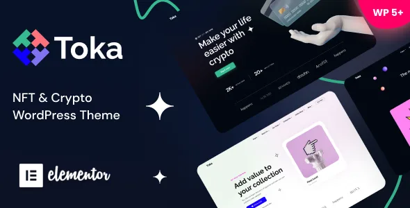 Toka WordPress theme preview banner showing NFT, ICO, DeFi, DAO, and Web3 Elementor landing-page demos with 100+ pre-designed blocks