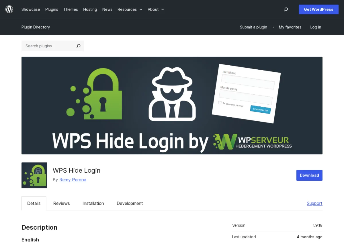 WPS Hide Login plugin listing on the official WordPress plugin directory in 2026.