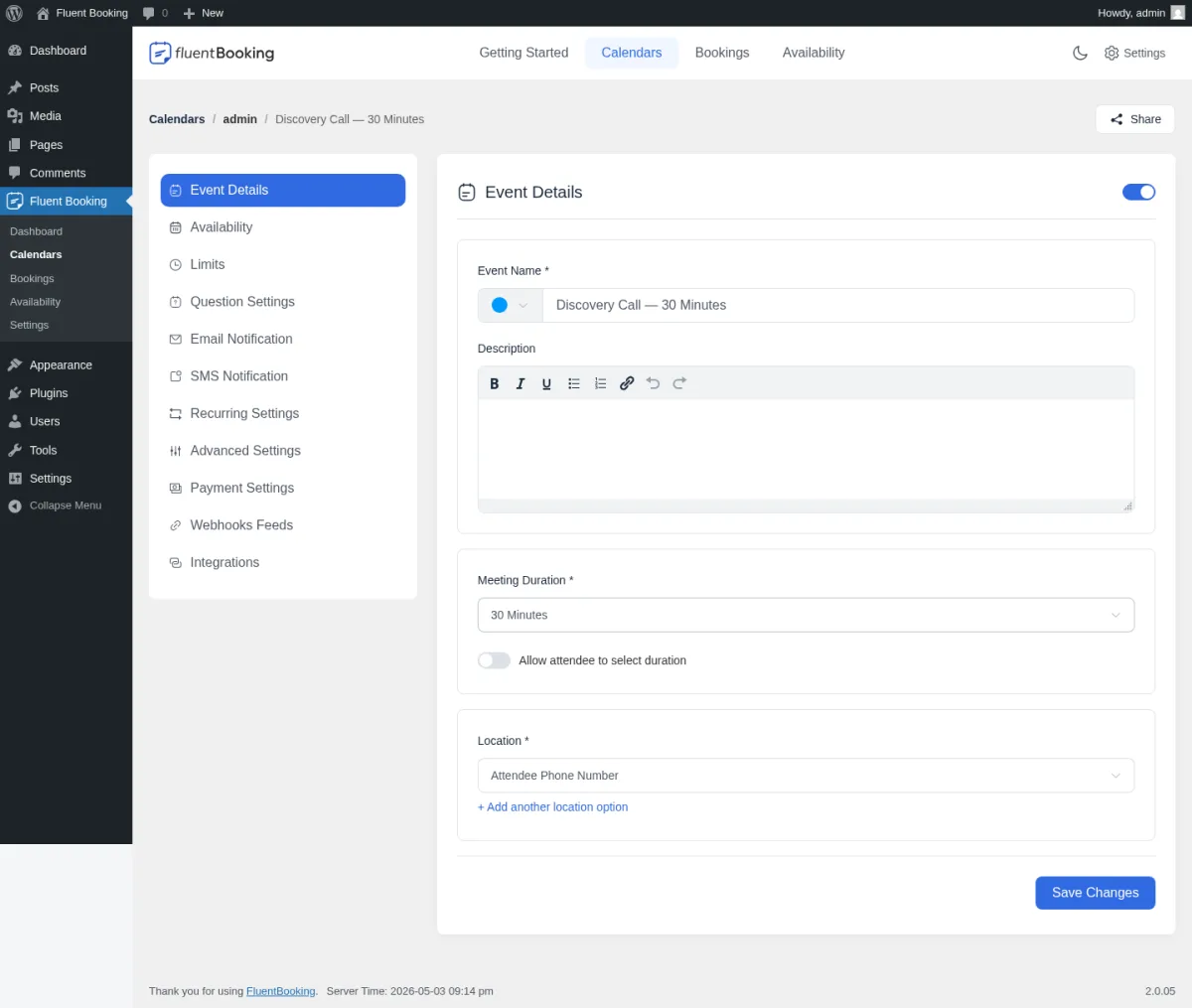 FluentBooking Event Type editor with the 11-tab sidebar