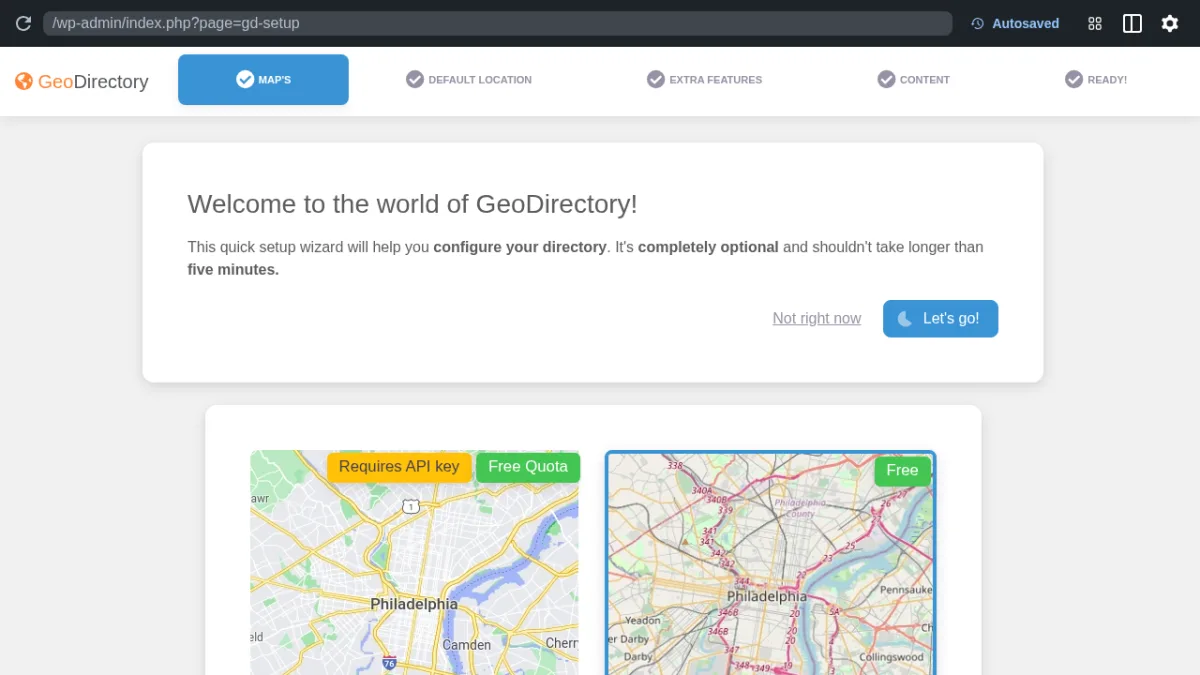 GeoDirectory setup wizard showing the map provider selection between Google Maps and OpenStreetMap, with a Leaflet map area for setting the default directory location