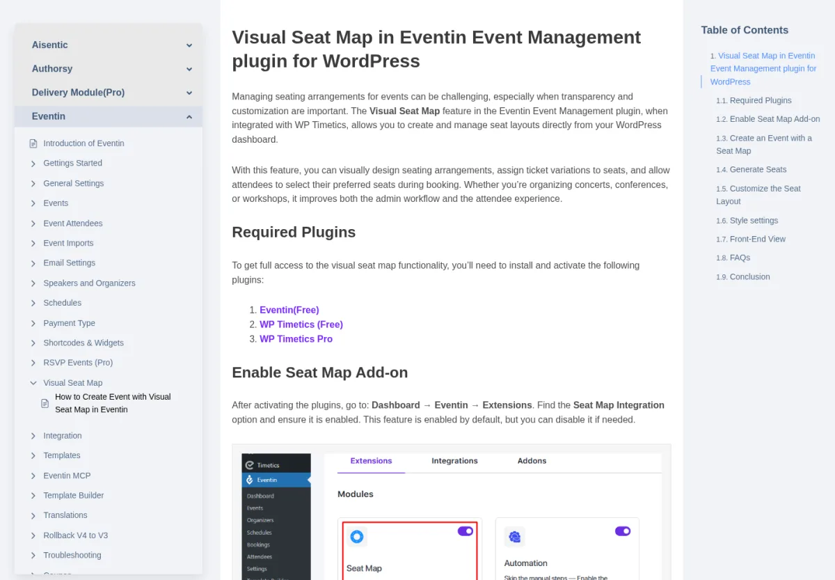 Eventin's Visual Seat Plan documentation page, listing the plugin's own required-plugins list for the seat-map feature