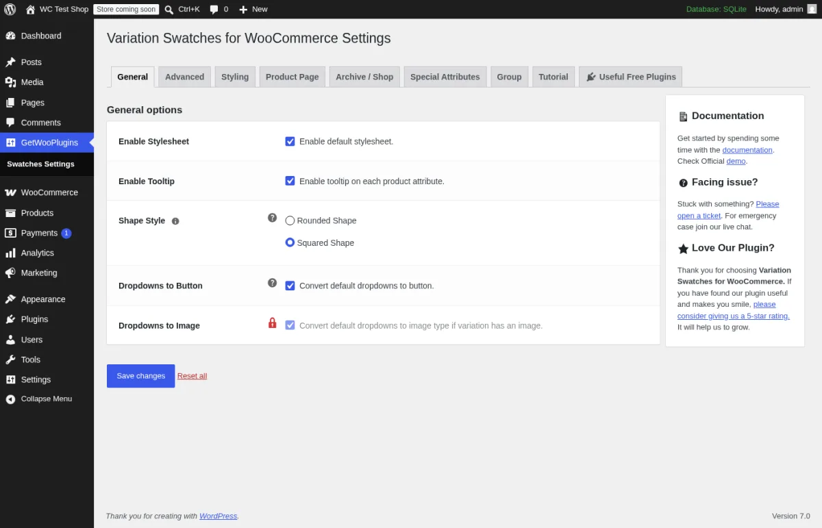 Variation Swatches for WooCommerce 2.3.0 Settings page inside a real WordPress install showing the General, Advanced, Styling, Product Page, Archive / Shop, Special Attributes, Group, Tutorial and Useful Free Plugins tabs, the Enable Stylesheet and Enable Tooltip checked toggles, the Shape Style Rounded vs Squared radio set to Squared, the Convert default dropdowns to button toggle, the Dropdowns to Image row locked behind a red Pro padlock, the right-hand Documentation and Facing issue help cards, and the Save changes and Reset all buttons.