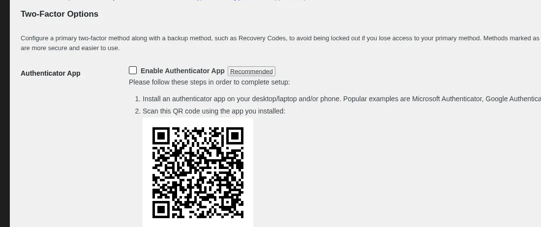 Two Factor plugin Two-Factor Options block on the WordPress user profile, showing the Enable Authenticator App checkbox, Recommended pill, QR code, and the numbered setup steps below the heading