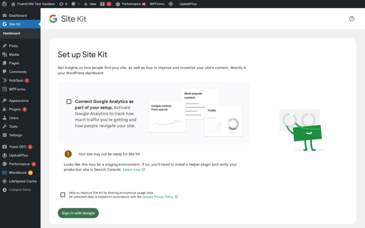 Google Site Kit Set up Site Kit dashboard inside WordPress admin showing the Connect Google Analytics option and the Sign in with Google button.