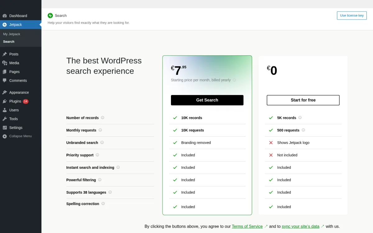 Jetpack Search admin page on a clean WordPress 7.0 sandbox showing The best WordPress search experience plan comparison: the free tier (5K records, 500 requests, Shows Jetpack logo) versus the paid tier (10K records, 10K requests, Branding removed) starting at EUR 7.95 per month billed yearly with Priority support, Instant search and indexing, Powerful filtering, 38 languages and Spelling correction included.
