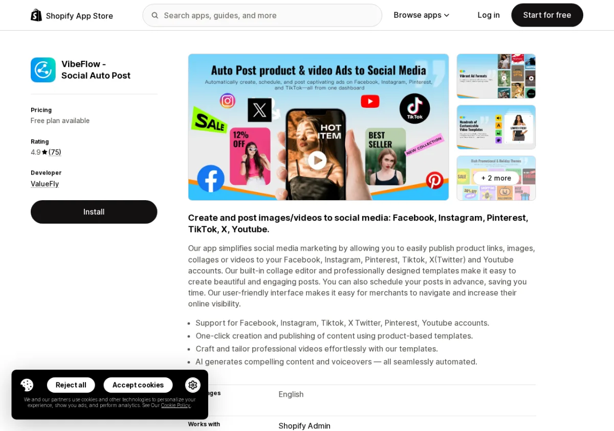 VibeFlow Social Auto Post Shopify App Store listing showing the app name, 4.9-star rating, and auto-posting feature screenshots