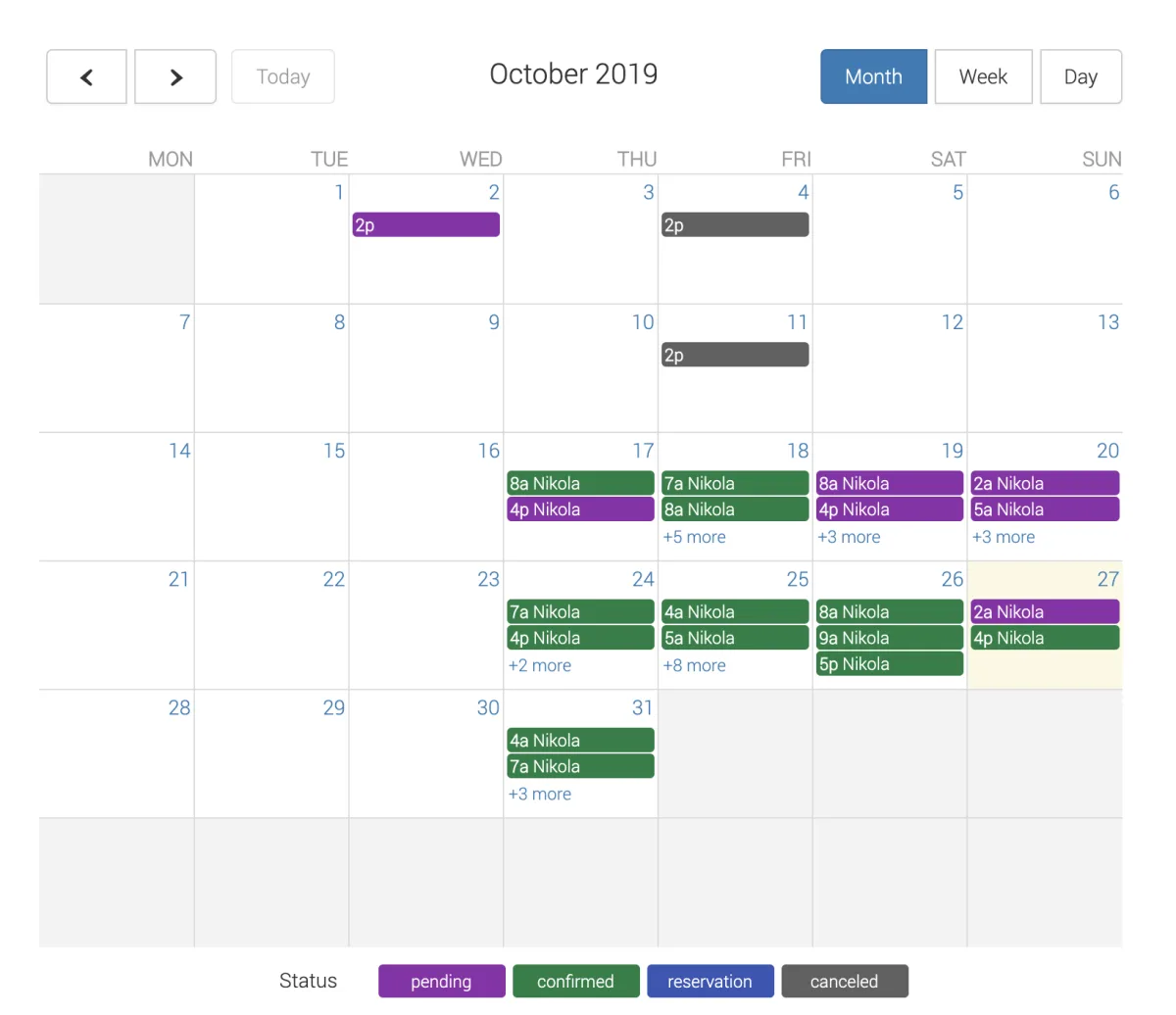 Easy Appointments admin calendar view showing appointments color-coded by status: pending, confirmed, reservation, canceled