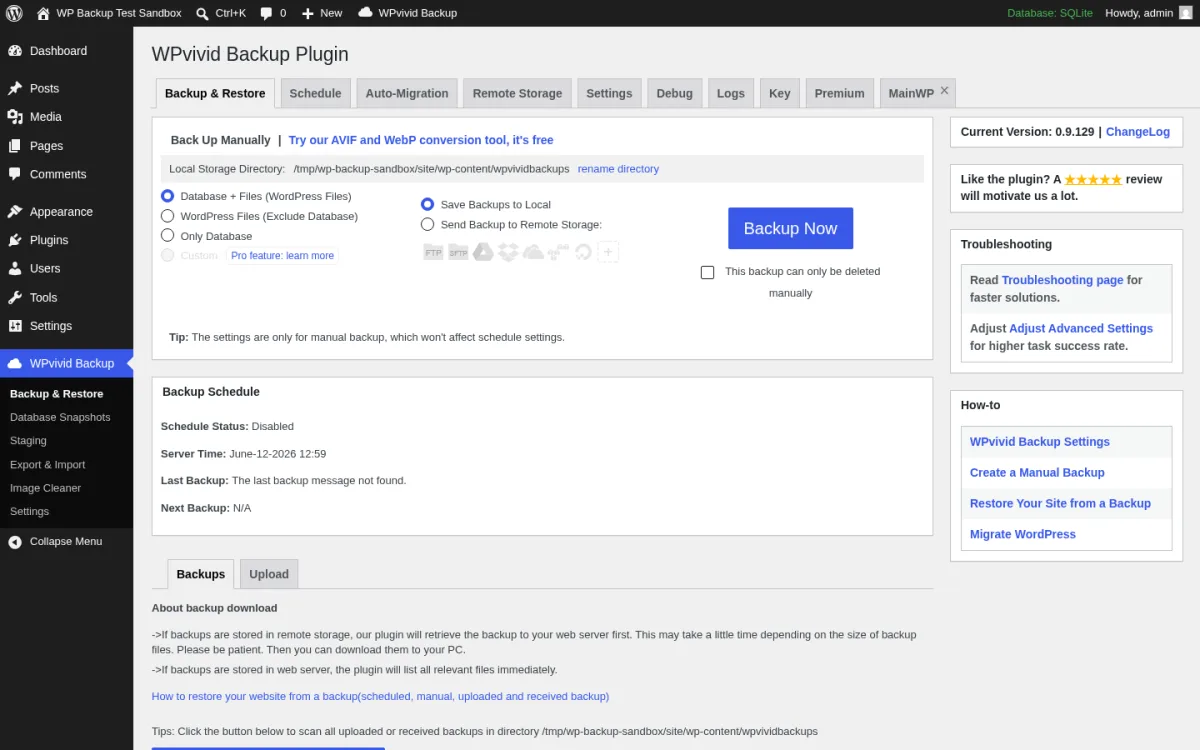 WPvivid Backup 0.9.129 Backup & Restore tab inside a real WordPress install showing the multi-tab strip (Backup & Restore, Schedule, Auto-Migration, Remote Storage, Settings, Diag, Log, Pro, Premium), the Manual Backup panel with Backup which parts (Database + Files, WordPress Files (Exclude Database), Only Database) radios and a Send backups to selector with Save Backups to Local Web Server / Send Backups to Remote Storage options, the blue Backup Now button, the Backup Schedule panel reporting Schedule Status Inactive, the Backups list reporting No backups in current site yet, and the WPvivid current website 0.9.129 Changelog link plus a 5-star rating reminder card.